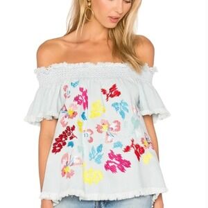 Tanya Taylor Womens Denim Floral Embroidered Off Shoulder Top Size Medium